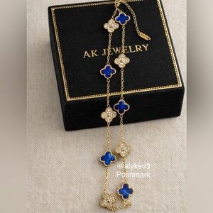 💎18K NECKLACE LUXURY QUATREFOIL Clover 10 Motif Blue Agate & Pave Elegance